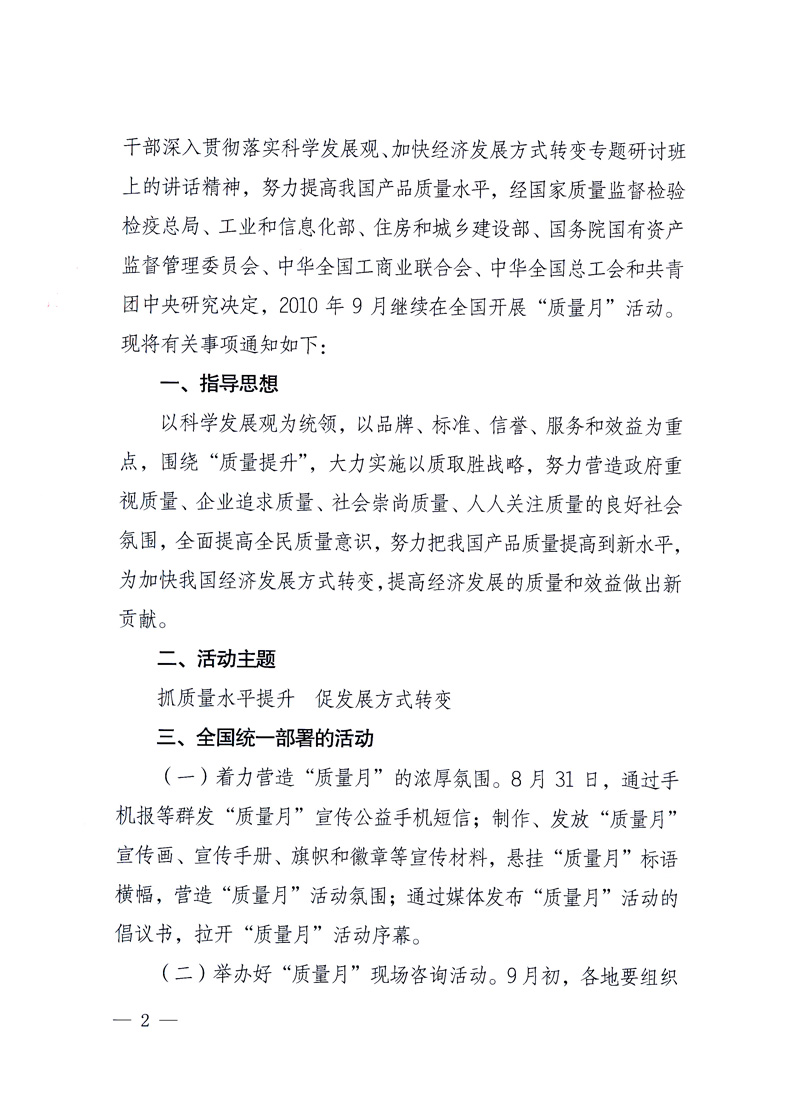 國(guó)家質(zhì)量監(jiān)督檢驗(yàn)檢疫總局、工業(yè)和信息化部、住房和城鄉(xiāng)建設(shè)部、國(guó)務(wù)院國(guó)有資產(chǎn)監(jiān)督管理委員會(huì)、中華全國(guó)工商業(yè)聯(lián)合會(huì)、中華全國(guó)總工會(huì)、共青團(tuán)中央《關(guān)于開(kāi)展2010年全國(guó)“質(zhì)量月”活動(dòng)的通知》